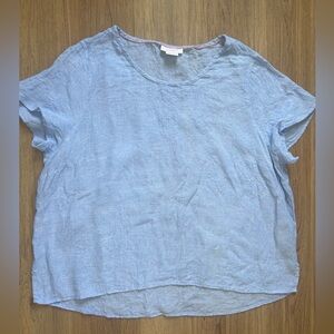 Isaac Mizrahi Womens Top Blouse L Shirt 100% Linen Blue High Low Short Sleeve